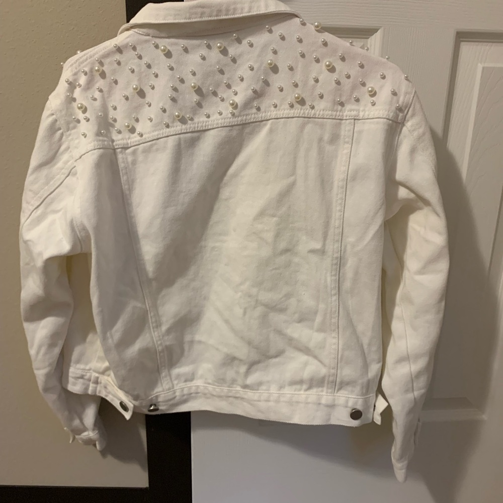 Pearl embedded white jean jacket